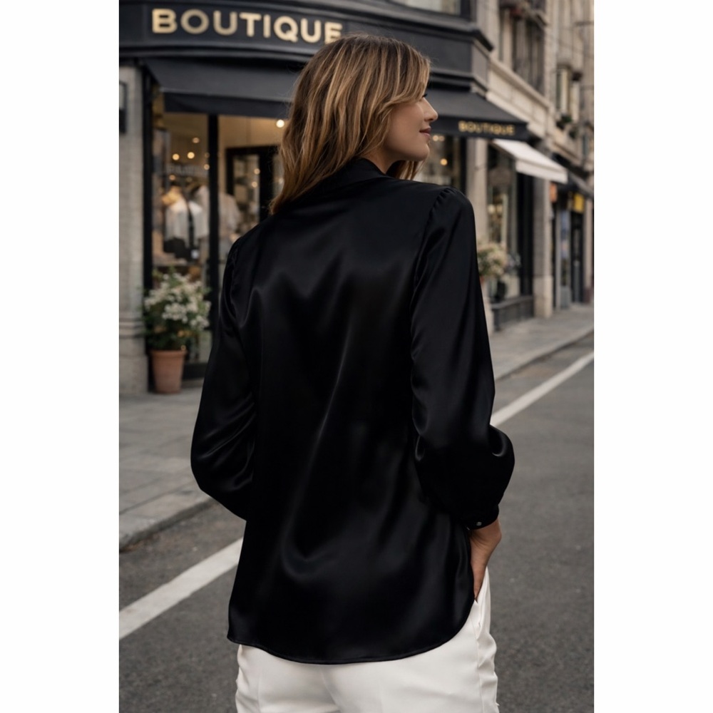 Black Satin Luxe Collared Top with V Neck Draping - Picture 3 of 3